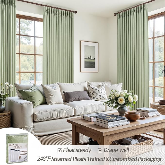 Sage Green Pinch Pleat Flax Linen 92 Inch Bedroom Curtains 2 Panels Set, Memory Trained Blackout Noise Cancelling Dual Layer Drapes Thermal Elegant Windows Curtain for Living Room 90-92 Inches Long