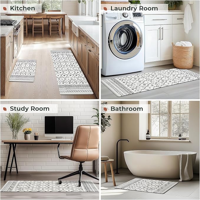 FRESHMINT Moroccan Kitchen Mat Set 2 Piece, 17x30''+17x47'', Bright White | Anti-Fatigue, Non Slip, Comfort, Kitchen Decor, Easy to Clean, Waterproof, Perfect for Kitchen, Laundry, Office