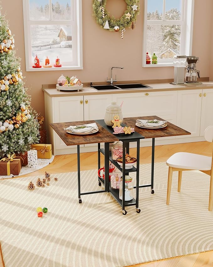 CHOEZON Folding Dining Table, Movable Dining Table, Expandable Kitchen Table, Versatile Table with 6 Wheels and 2-Tier Shelf, for Dining, Living Room, Apartment, Rustic Brown TCZ01BF