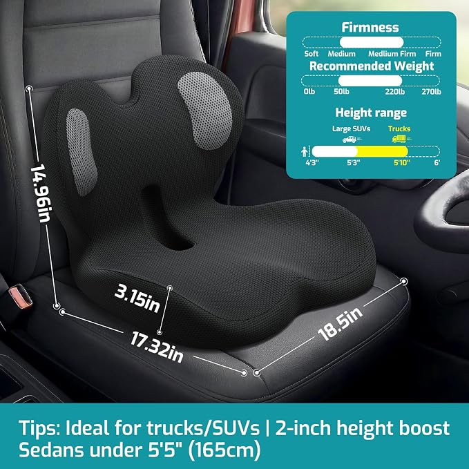Trucker Seat Cushion, Thick Car Seat Cushions with Lumbar Support Pillow, Ergonomic L-Shaped Orthopedic Memory Foam for Long Driving Lower Back Pain Sciatica Relief, Gift for Drivers (Black+WE)