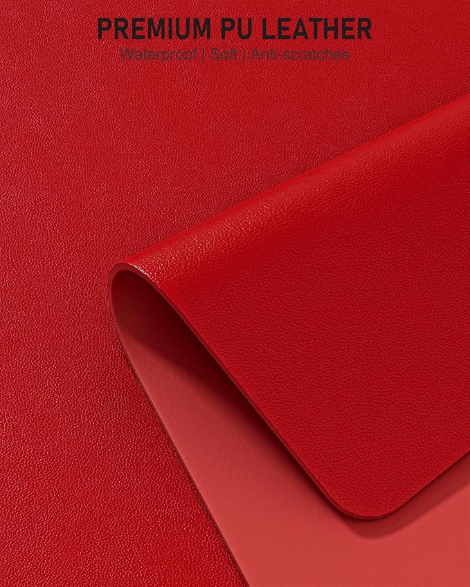 Desk Pad, 35.5" x 17" PU Leather Non-Slip Desk Mat Large Mouse Pad for Desktop, Waterproof Laptop Computer Writing Mat for Office, Home, Work, Gaming, Bright Red