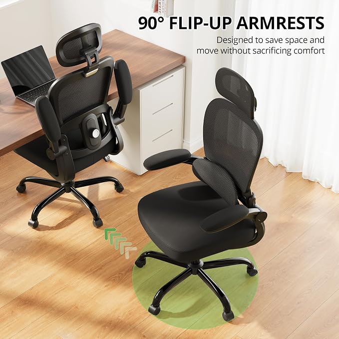 Ergonomic Office Chair 330 lb with Wheels, Lumbar Support & Headrest | Flip-Up Arms,Back Support,Gaming chairs,Breathable Mesh,2D Headrest