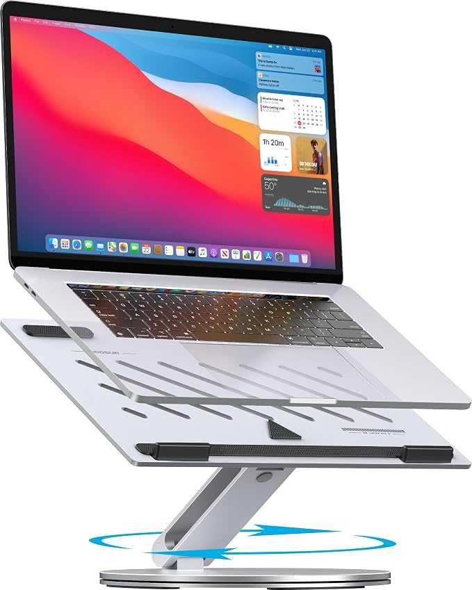 YICOSUN Laptop Stand for Desk, 360° Rotating Height Adjustable Computer Stand, Ergonomic Aluminum Laptop Riser with Ventilated Cooling, Foldable for 10-16 inch MacBook Pro Air Neo Dell HP - Silver