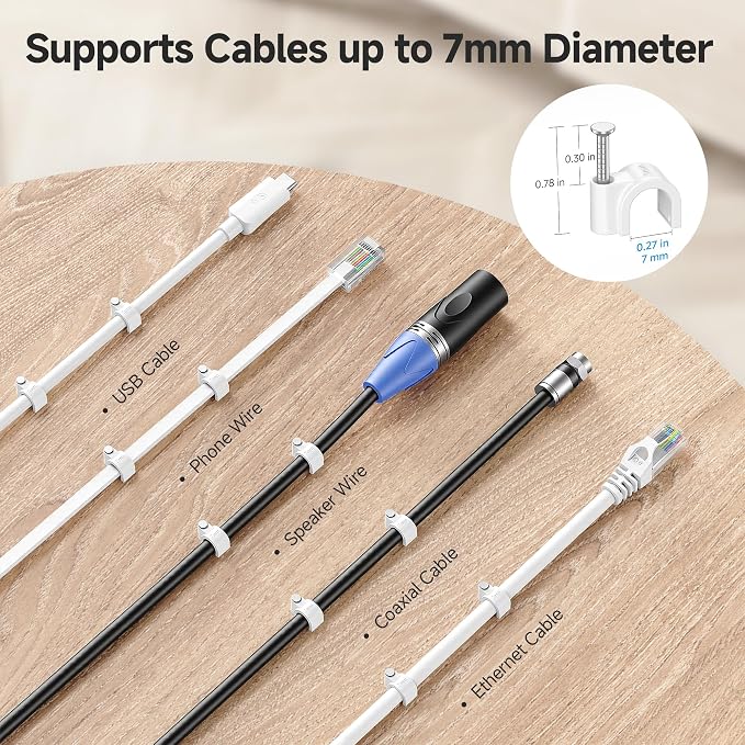 Cable Matters 200-Pack Nail-in Cable Clips, Cord Organizer, 7mm / 0.27 in. | For Cables Up to 7mm OD, Integrated Nails, Storage Container Included, Wall Clips for Baseboards and Wood Trim