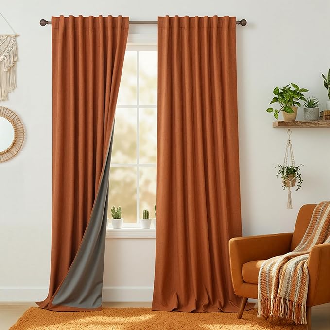 KOUFALL Retro Curtains 90 Inches Long Blackout Linen Dark Orange MCM Mid Century Modern Curtains for Living Room Bedroom 70s Decor