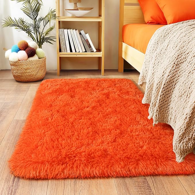 2x3 Small Rugs for Bedroom, Soft Fluffy Shaggy Bedside Area Rugs for Living Room, Indoor Floor Carpet for Kids Girls and Boys, Nursery Rooms, Home Decor Aesthetic, Orange