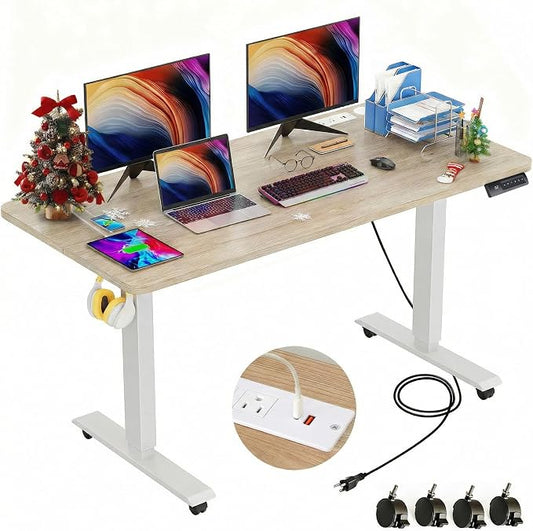 farexon 48 x 24 inch Standing Desk Electric Adjustable Height with Power Outlets, Stand up Desk with Wheels, Preset Heights Home Office Gaming Computer Workstations Table（Oak
