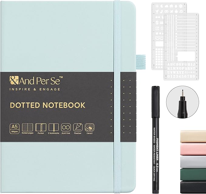 &And Per Se A5 Hardcover Dotted Notebook Kit for Beginners – 176 Numbered Pages, 100gsm Thick Paper, Includes Stencils & Fineliner Pen | Leather Bullet Journal with Templates, Lay Flat Design, Premium Gift for Women Men (Cyan)