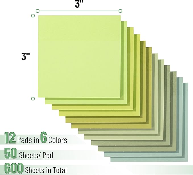 Mr. Pen- Sticky Notes, 3”x3”, 12 Pads, 600 Sheets, Shades of Green Sticky Notes 3x3, Stocky Notes for Bible Journaling