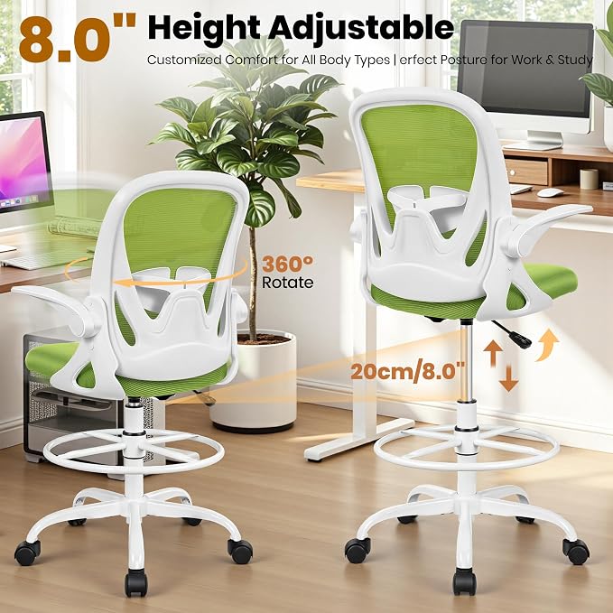 Primy Drafting Chair Tall Office Chair with Flip-up Armrests Executive Ergonomic Computer Standing Desk Chair with Lumbar Support and Adjustable Footrest Ring (Green)