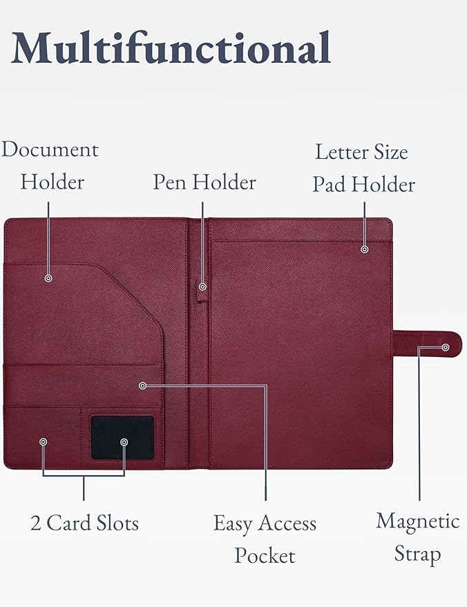 Mymazn Padfolio Portfolio Folder, Faux Leather Interview Resume Folder with Document Organizer & Business Card Holder, Letter-Sized Notepad Legal Pad Holder for Men Women (Dark Red)