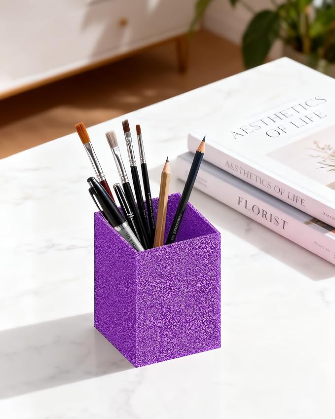 Acrylic Pen Holder Desk Organizer for Office, Purple Glitter | Sparkling glitter acrylic makeup brush and pencil holder for desk, Modern desktop organizer for home, school and office