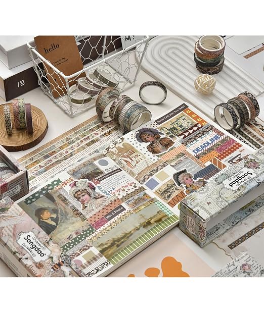 Vintage Skinny Floral Washi Tape Set 20 Rolls -Retro Antique Patterns Masking Thin Basic Decorative Tapes for Arts, DIY Crafts, Bullet Journal, Planner, Scrapbook Decor, Gift Wrapping, Junk Journal