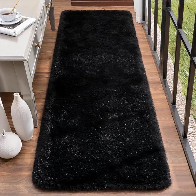 HOMORE Runner Rug 2x6 Black Rug for Bedroom, Fluffy Runner Rugs for Hallway Living Room, Non Slip Rugs for Indoor Entrance Memory Foam Carpet for Kids Room Dorm