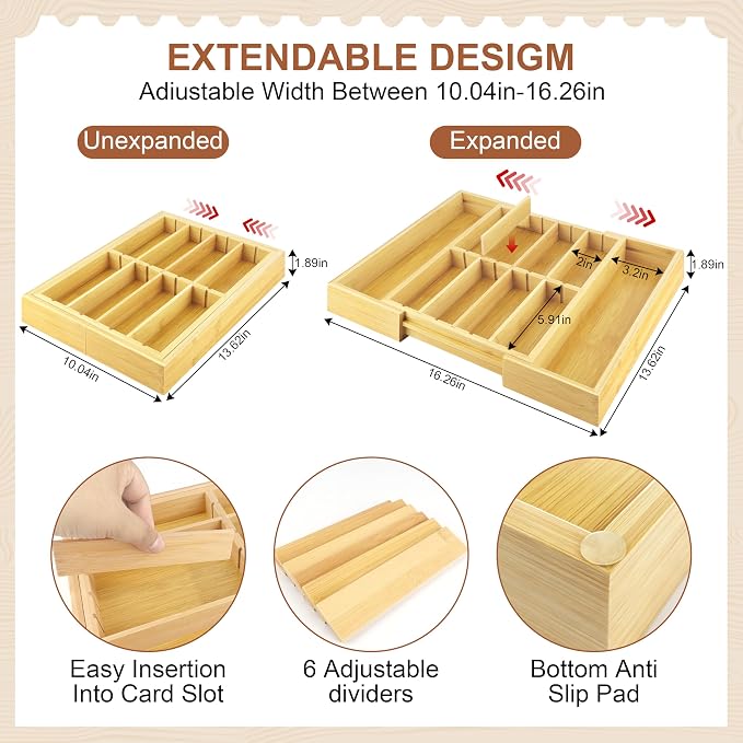 TREWAVE Bamboo Desk Drawer Organizer, Expandable Drawer Organizer Tray | 12.6" - 15.6" Wide, with Adjustable Dividers, Wooden Storage Organizers for Office Supplies, Crafts, Makeup & Kitchen Cutlery