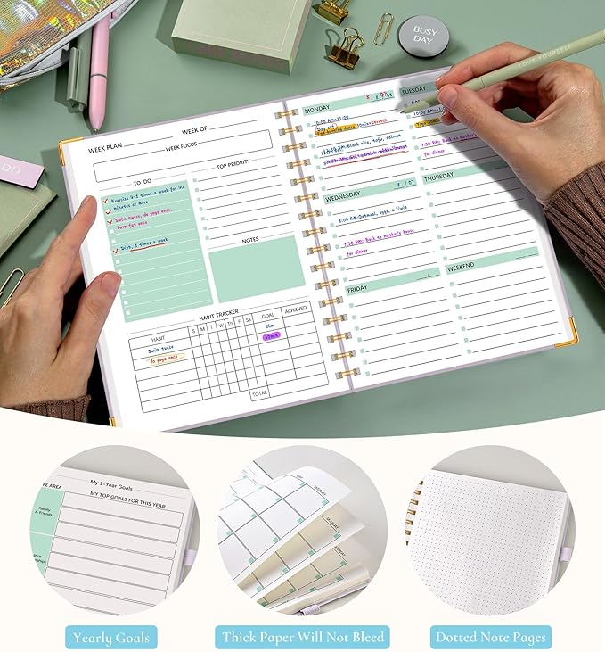 Undated Weekly Planner, Hardcover Leather Weekly & Monthly Calendar Blank Planner, To Do List Notebook with Goal & Habit Tracker Organizer, A5 Daily Planner with Spiral Binding, Ideal for Work School Home, Purple