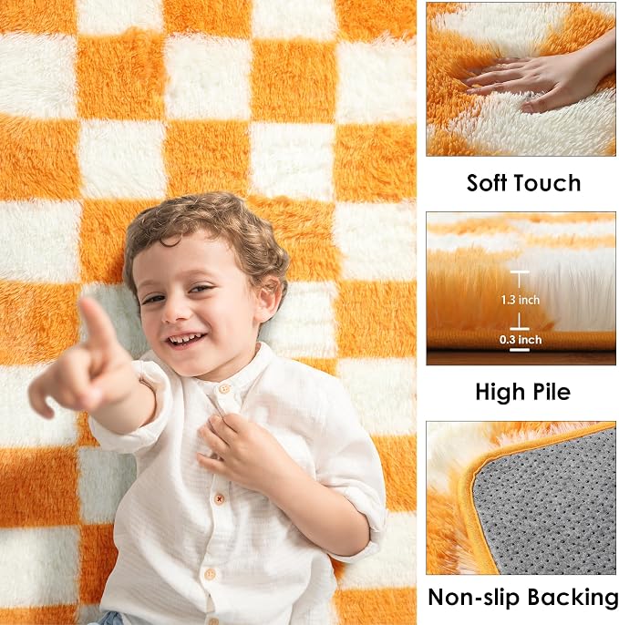 KICMOR 8x10 Area Rugs for Living Room, Large Soft Fluffy Checkered Big Fuzzy Shag Shaggy Carpet for Bedroom, Orange and Cream White Plush Rug for Kids Boys Girls Dorm Nursery Home Decor Aesthetic