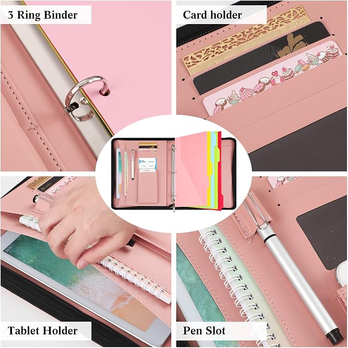 Gilprop Portfolio with 3 Ring Binder, Binder Padfolio with Zipper for Women Men, Leather Business Folder Organizer, 5 Folder Divider Pages for Tablet Resume Documents Business Cards(Pink)
