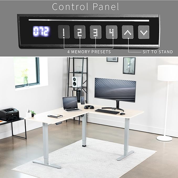 VIVO Corner Standing Desk, 63 x 55 inch Reversible L-Shaped Workstation, Electric Height Adjustment, Home, Office, and Reception Rooms, Light Wood Table Top Gray Frame, DESK-E3CTGC