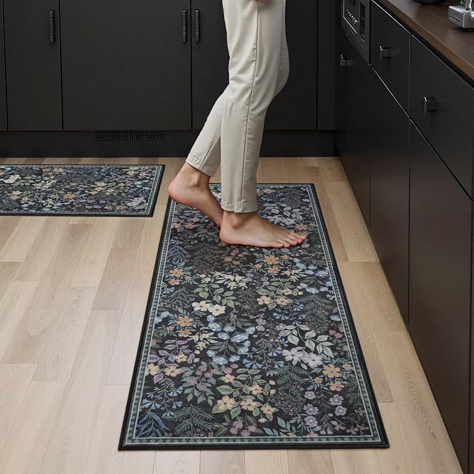 GRANNY SAYS Boho Kitchen Rug Sets of 2, Non Slip Washable Faux Wool Kitchen Mats for Floor, Thick Soft Anti-Fatigue Comfort Standing Mat Runner Rugs for Hallway Laundry Room, Black Flower