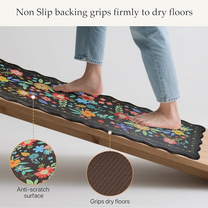 GENIMO Anti Fatigue Kitchen Mats for Floor 2PCS, Cushioned Standing Mats | 17.3"x47"&17.3"x30", Jet Black vintage floral rug set, waterproof, non slip, easy-clean for farmhouse