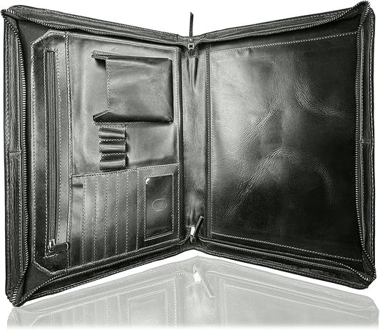 Leather Portfolio for Men - Full Grain Leather Padfolio Folder - Zipper Folio Documents Organizer - Professional Business Executive Gift for Men Women