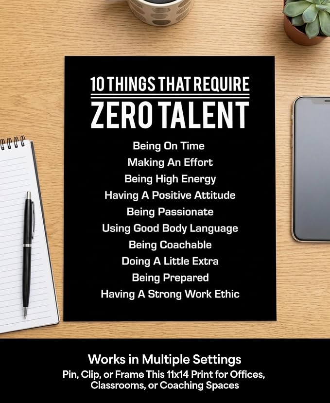 10 Things That Require Zero Talent Motivational Wall Decor, 11x14 Unframed Office Wall Art Print, Inspirational Leadership Quote Poster for Work, Gym, Classroom and Team Building
