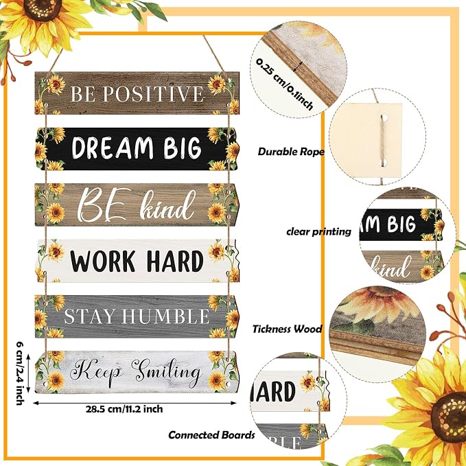 Blulu 6 Pcs Rustic Wall Hanging Plaque Sign Back to School Inspirational Wall Art Farmhouse Wooden Door Signs Positive Plaque with Quotes Motivational Quote Decor for Office Bedroom(Sunflower Style)