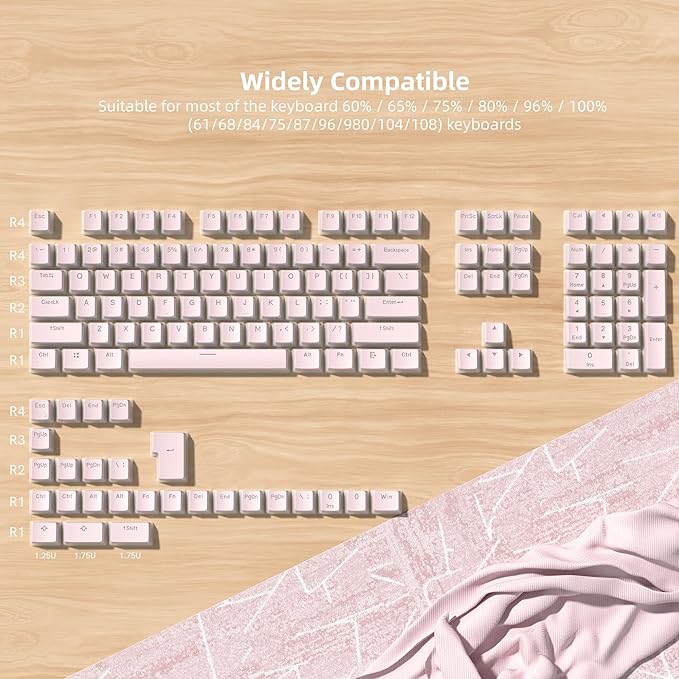 Womier Double Shot PBT keycaps, Shine Through Pink Keyboard Key caps, OEM Profile Pudding Custom keycaps 75 Percent 130-key Set for 60% 65% 75% 100% Cherry Gateron MX Mechanical Keyboard-Pink