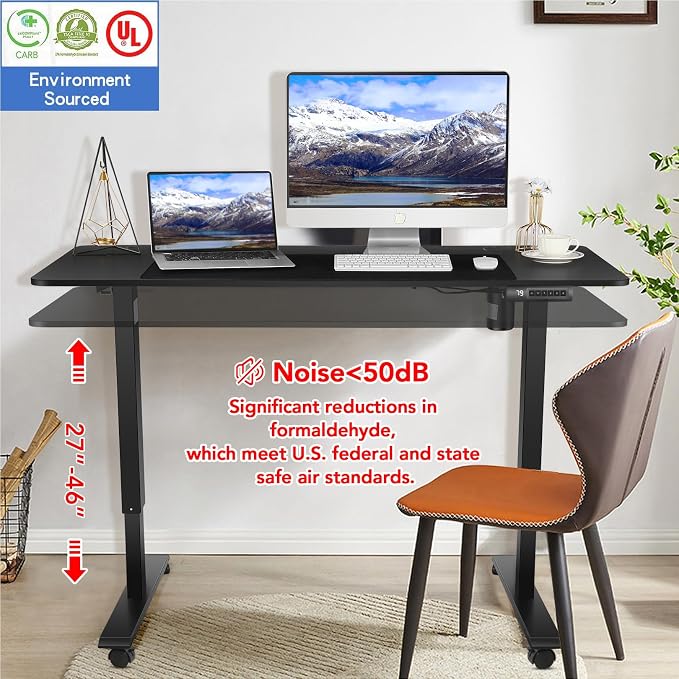 Electric Standing Desk, 55x24in Adjustable Height Computer Desk with Wheels, Sit-Stand Desk with Charging Station, 2 USB Ports, 3 Power Outlets, Spacious Workstation for Home Office(Black)