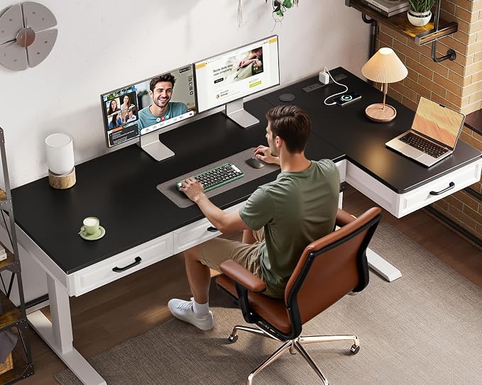 OffiGo L Shaped Electric Standing Desk with Wooden Drawers, 63 Inch Height Adjustable Corner Workstation with Power Outlets, Sit Stand Table for Home, Office, White+Black