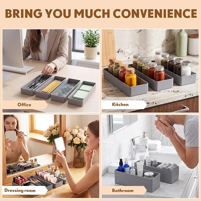 Teling 4 Pcs Grey Large Rectangular Desk Organizer Set, Half Accessory Tray, Plastic Tabletop Organizer for Office, Home, or Study, Dimensions: 9.45 x 2.95 x 1.38 Inches