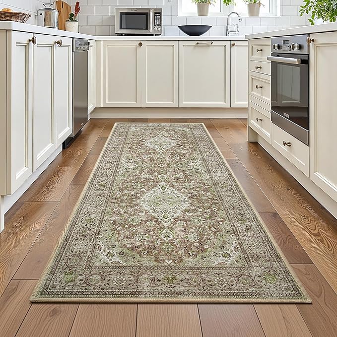 Green Washable Vintage Runner Rug, 2x6 Boho Bedroom Area Rugs, Soft Non Slip Floral Entryway Carpet Runners, Indoor Low Pile Carpets for Kitchen Hallway Bedside