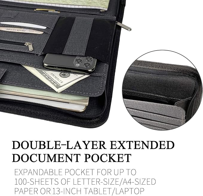 PU Leather Padfolio with Double Zipper, 10.1" Tablet Sleeve, Card Slots & Writing Pad - Multi-Functional Portfolio Binder for Documents, Business Card Organizer & Office Accessories
