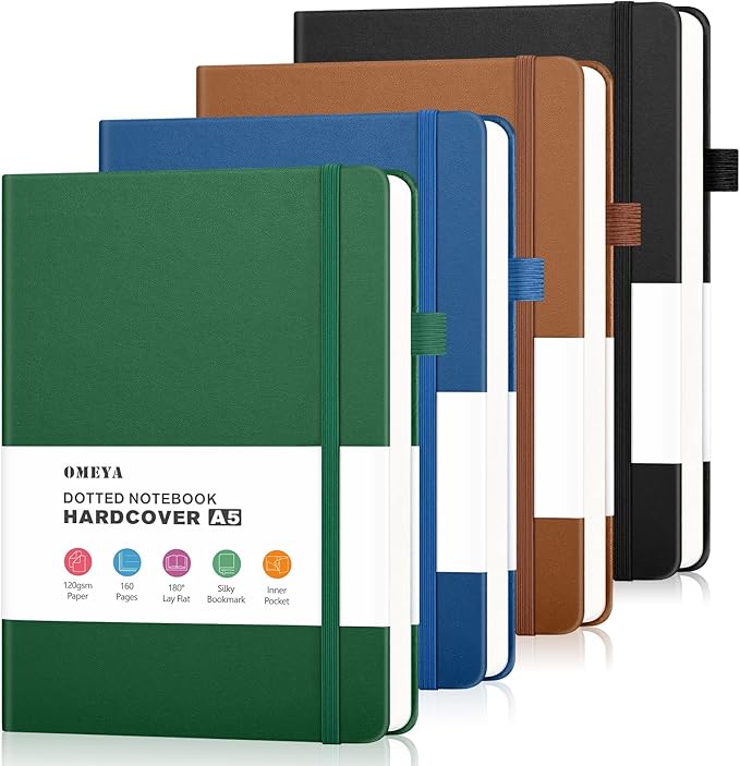 OMEYA Bullet Dotted Journal Notebook 4 Pack: 160 Pages Per Pack, A5 Medium Size(5.75" × 8.38"), 120 GSM Thick Paper, Leather Dotted Notebook, Hardcover Dot Grid Notebook, Dot Journal for Wrting, Gift