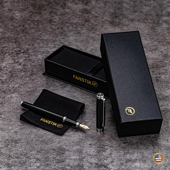 FANSTIK Customized Black & Silver Luxury fountain pen, fancy gift set for women, Chrome Finish, Professional executive pen gift set for men (Lux Custom-fountain Black-Silver)
