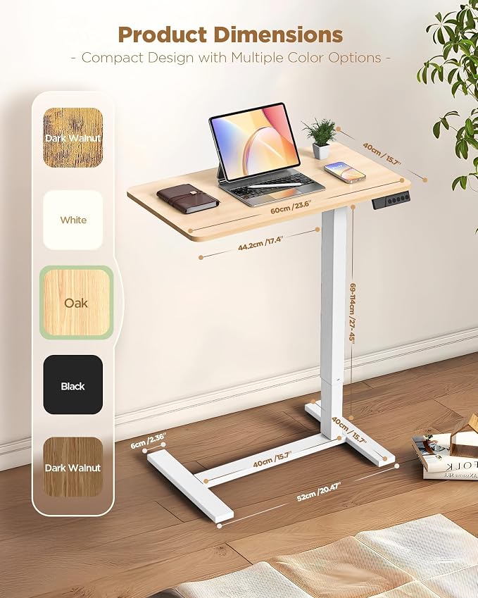24"x 16" Electric Overbed Table, Rolling Laptop Desk for Bed, Oak | Height Adjustable Bedside Desk with Hidden Wheels, Mobile Standing Desk for Sofa, Home Office & Hospital Use