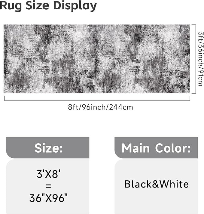 RUUGME 3x8 Runner Rug for Hallway: Abstract Washable Non-Slip Wide Carpet for Kitchen Floor Entryway Bedroom - Soft Boho Modern Low-Pile Throw Floor Mat for Home Decor (3x8 Black-White)