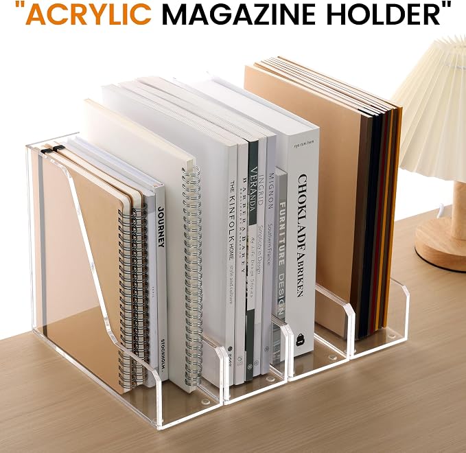 HeZone Acrylic Magazine Rack File Holder Desk Organizers and Storage 2-Pack Small Clear Acrylic Vertical Magazine Holder Book Stand for Office Desk