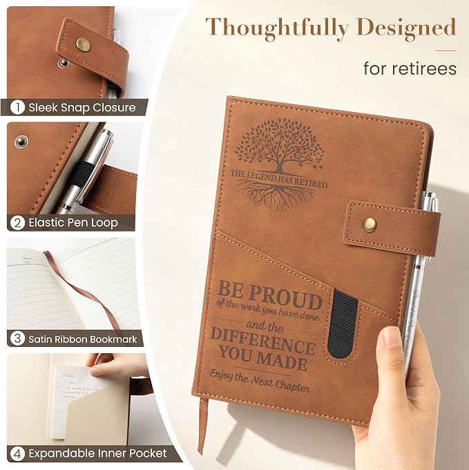 Happy Retirement Gifts for Men Women, A5 Leather Journal with Engraved Pen & Front Phone Pocket, Farewell Notebook Coworker Leaving Farewell Going Away Goodbye Gift for Teacher