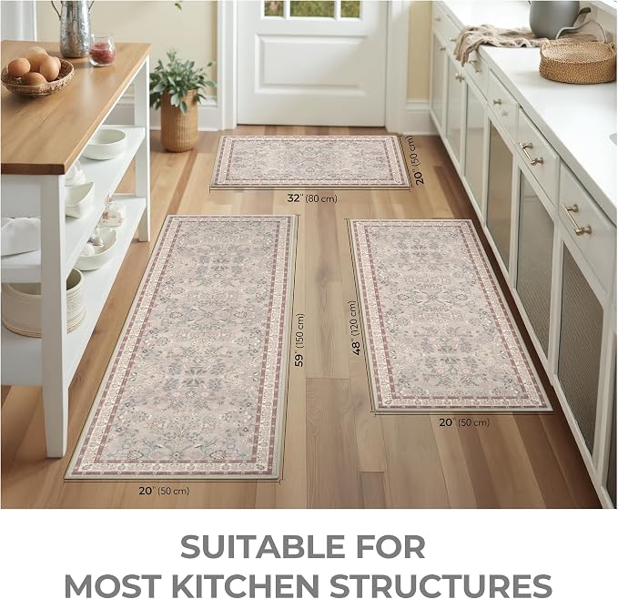 GRANNY SAYS Boho Kitchen Rug Sets of 3, Non Slip Washable Faux Wool Kitchen Mats for Floor, Thick Soft Anti-Fatigue Comfort Standing Mat Runner Rugs for Hallway Laundry Room, Boho Red