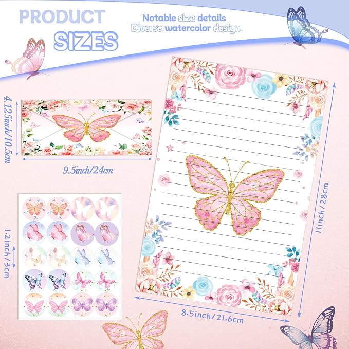 TaoBary 160 Pcs Stationery Paper Set 50 Double Sided Stationery Papers with 50 Matching Envelopes and 60 Round Dot Sticker, 10 Design(Watercolor Butterfly,8.5 x 11 Inch)