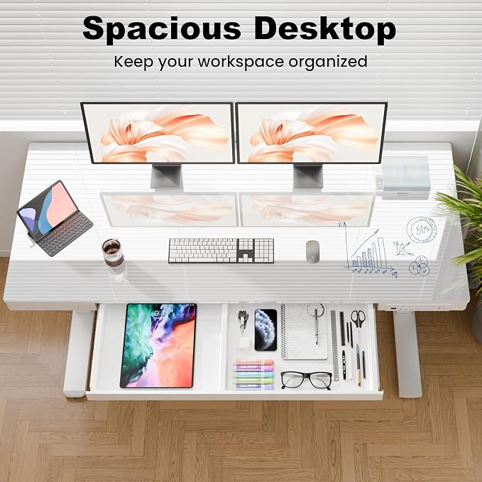 Realbear Glass Standing Desk with Drawer, Electric Standing Desk, Height Adjustable Desk with One-Piece Tabletop & USB Charging Ports