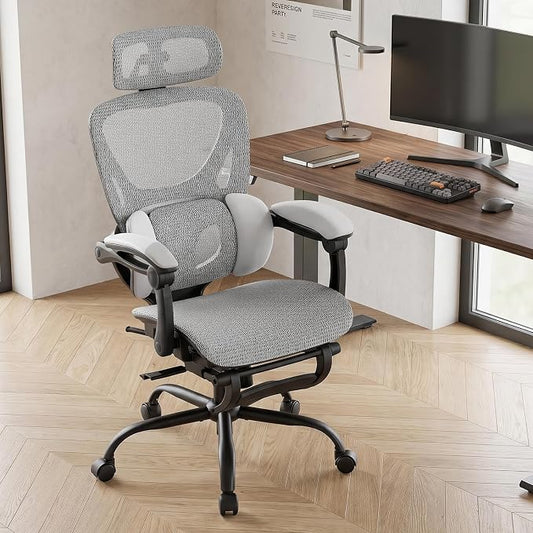 MALOL Ergonomic Mesh Office Chair with Footrest, Executive High Back Computer Desk Chair with 3D Adjustable Headrest & 5-Level Lumbar Support, Track Armrest, Tilt Lock, 300LBS, White