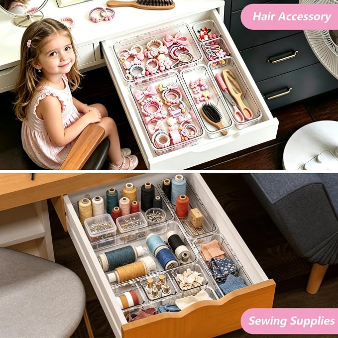 15 Pcs Adjustable Clear Drawer Organizer, 2 Size Plastic Extendable Desk Drawer Organizer Trays,Expandable Storage Bins for Bathroom Vanity Kitchen Organization and Storage,Makeup, Jewelry, Gadgets