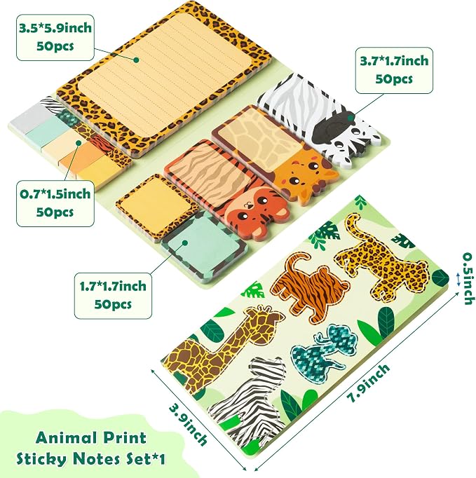 Xqumoi Safari Animal Sticky Notes Set, 550 Sheets, Wild Animal Self-Stick Note Pads Jungle Zoo Animal Writing Memo Pads Page Marker Student Classroom Back to School Office Supplies Small Gift