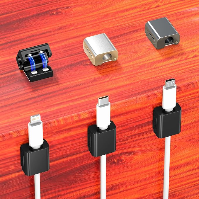 AGVEE 6 Pack Cord Organizer Clips Cable Management Holder, Aluminum | 10mm Ultra-Thin, 6X Powerful Magnetic Closure Snap Keeper for Home Desk Office Gadgets Accessories, Residue-Free Tape
