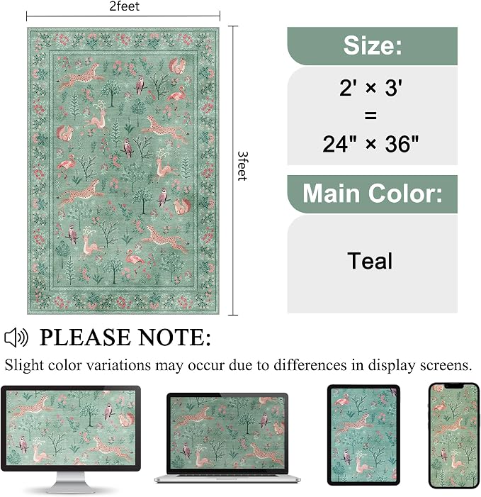 DUKINO 2x3 Rug, Washable Animal Rugs for Entryway, Non Slip Indoor Door Mat, Soft Low Pile Small Area Carpet for Entrance, Bedroom, Kitchen, Laundry, Bathroom, Teal