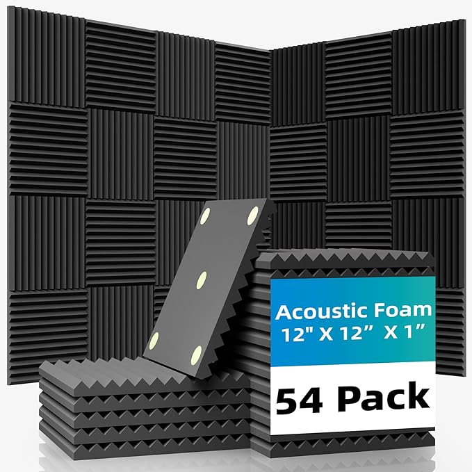 54 Pack Sound Proof Foam Panels |12"×12"×1" Quick-Recovery Soundproof Wall Panels | High Density Sound Dampening Panels for Home Studio |With Adhesive Stickers 270PCS