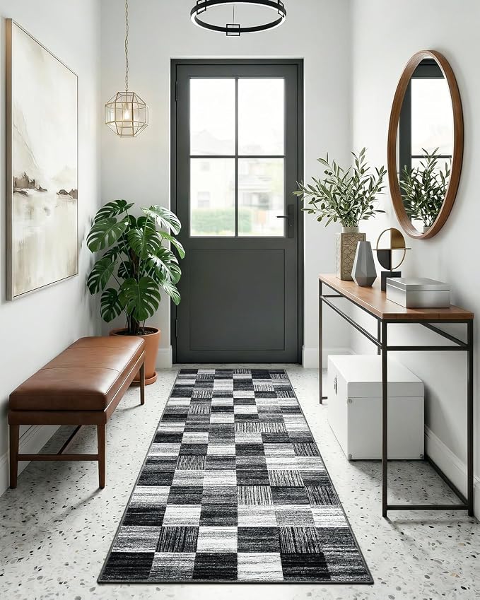 Terrug Black and White Runner Rugs for Kitchen, 2x6 Checkered Area Rug Washable with Non Slip for Bedroom, Soft Low Pile Stain Resistance Carpet for Entryway Hallway
